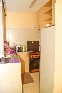 a small kitchen with a stove and a refrigerator at Fully furnished two bedroom bnb in Thika town in Thika