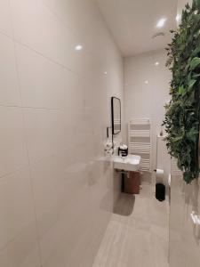 uma casa de banho branca com um lavatório e um espelho em Maya sweet rooms em Heerlen