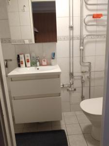 biała łazienka z umywalką i prysznicem w obiekcie COZY STUDIO CENTRAL w mieście Helsingborg
