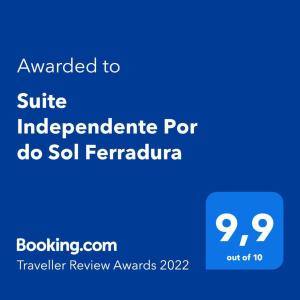 Ein Zertifikat, Auszeichnung, Logo oder anderes Dokument, das in der Unterkunft Suite Independente Por do Sol Ferradura ausgestellt ist