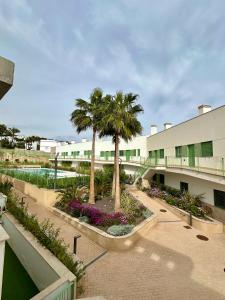 莫哈卡爾的住宿－OCEAN APARTAMENT !! 1ª Línea del Mar, piscina, parking, wifi，享有棕榈树建筑和庭院的正面景色