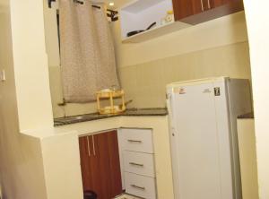 una pequeña cocina con nevera y ventana en Fully furnished One bedroom bnb in Thika Town. en Thika