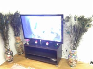 a tv sitting on a stand with two vases at COZY STUDIO CENTRAL in Helsingborg