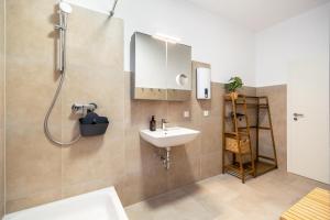La salle de bains est pourvue d'un lavabo et d'une douche. dans l'établissement Dein Citynest - FeWo Meier, à Bielefeld