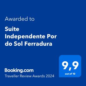 Ein Zertifikat, Auszeichnung, Logo oder anderes Dokument, das in der Unterkunft Suite Independente Por do Sol Ferradura ausgestellt ist