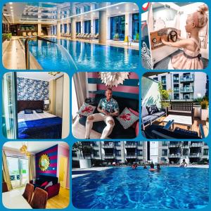 a collage of pictures of a hotel with a pool at Nadmorskie Tarasy Pink & Blue in Kołobrzeg