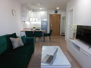 a living room with a green couch and a laptop on a table at Todorovic Apartments Panorama in Kragujevac +24 photos