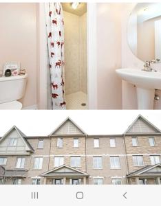 two pictures of a bathroom with a building at Cozy jets empire in Brampton