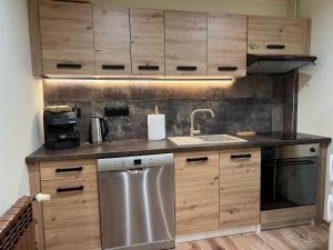 a kitchen with wooden cabinets and a stainless steel dishwasher at Ustronne Chatki - Górska Ostoja in Ustroń