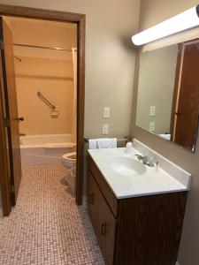 uma casa de banho com um lavatório, um WC e um espelho. em Colonial Inn em Dyersville