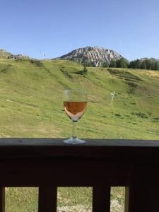 um copo de vinho sentado numa varanda com uma colina em Duplex plein sud_skis aux pieds_Plagne villages em La Plagne Tarentaise