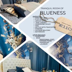 een collage van vier foto's van een kamer met blauw bij Unique and Artsy Holiday Shared Home in Purley