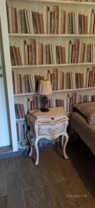 een tafel met een lamp naast een muur van boeken bij Home Story in Ozzano dell Emilia