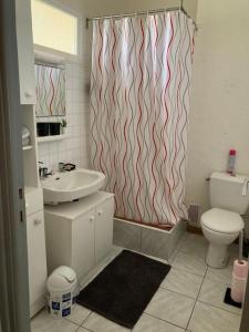 a bathroom with a sink and a shower curtain at DINAPARK in Dinard