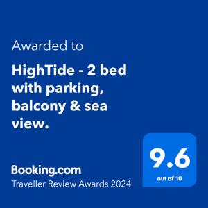 a screenshot of a phone with the text upgraded to highcliffe bed with parking at HighTide - 2 bed with parking, balcony & sea view. in Swanage