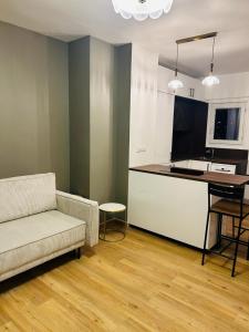 ein Wohnzimmer mit Couch und Küche in der Unterkunft Belle Vue in Meudon