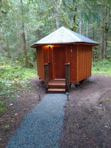 uma cabana de madeira com um alpendre na floresta em Alexander's Lodge em Ashford