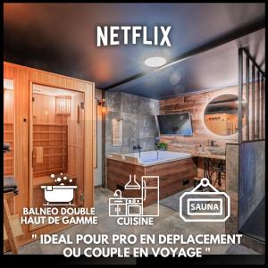 Cartel para un baño con una habitación con baño en Loft sous les colombages d'Alsace / Sauna / Jacuzzi / Netflix / Wifi en Drusenheim