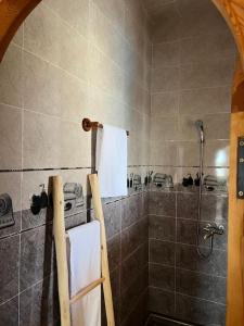 a bathroom with a shower and a towel rack at Le petit Chalet. in Essaouira