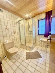 y baño con aseo, ducha y lavamanos. en Haus Bitschnau, en Klösterle am Arlberg