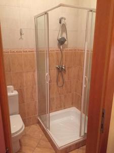 y baño con ducha y puerta de cristal. en Arany Elefánt szálláshely, en Esztergom