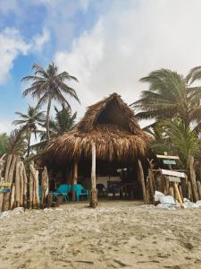 a straw hut on a beach with palm trees at Sonar del Viento in San Bernardo del Viento
