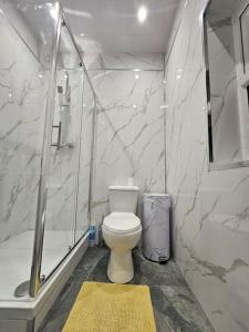 a white bathroom with a toilet and a shower at Lovely City Home + Free Parking in Manchester