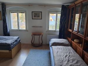 1 dormitorio con 2 camas, mesa y 2 ventanas en Vila Historica Karlovy Vary, en Karlovy Vary