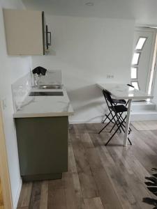 a kitchen with a sink and a table with a chair at Le cosy in Essert