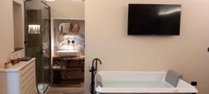 a bathroom with a sink and a tv on a wall at MATTEI LUXURY B&B in Altamura