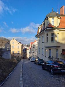a street with cars parked on the side of a building at Vila Historica Karlovy Vary in Karlovy Vary