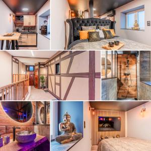 un collage de fotos de un dormitorio y una sala de estar en Loft sous les colombages d'Alsace / Sauna / Jacuzzi / Netflix / Wifi en Drusenheim