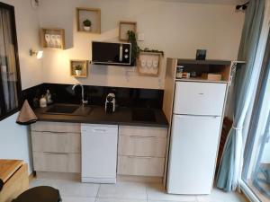 una cucina con un frigorifero bianco e un lavello di -Studio Aix les bains face au lac- ad Aix-les-Bains