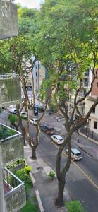 uma vista para uma rua da cidade com carros e árvores em apto 1 dorm sobre Ellauri em Montevidéu