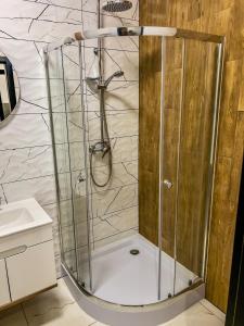 una doccia con cabina in vetro in bagno di Apartment by Toruńska Street a Gniezno