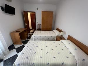 pokój z dwoma łóżkami i telewizorem w obiekcie Hostal Los Amigos w mieście Siruela