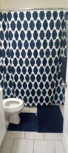 a bathroom with a toilet and a blue and white shower curtain at the rest spot in Schenectady +13 photos