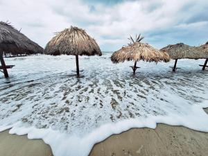 a group of straw umbrellas on a beach at Cabaña LunAzul in San Antero