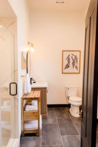 a bathroom with a white toilet and a sink at Speakeasy Suites Sleeps 18 in Nevada City