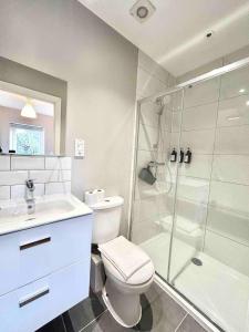a bathroom with a shower and a toilet and a sink at The Winstre Borehamwood in Borehamwood