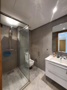 uma casa de banho com um chuveiro, um WC e um lavatório. em Appartement Casablanca em Casablanca