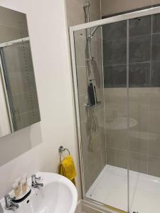 a bathroom with a sink and a shower with a glass door at Maidstone Modern Flat High Street in Kent