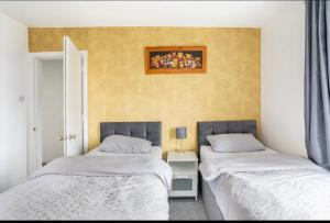 1 dormitorio con 2 camas y una foto en la pared en Captivating 2 bedroom home with jacuzzi and conservatory en Hamilton