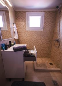 uma casa de banho com um chuveiro, um lavatório e um WC. em Sunset Suite - Salamina Island em Salamina