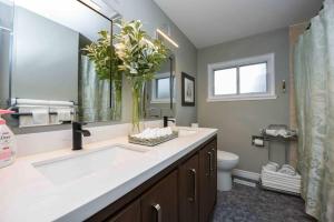 a bathroom with a large white sink and a toilet at Discover Your Home Away From Home Near YYZ Airport in Mississauga