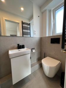ein Badezimmer mit einem weißen Waschbecken und einem WC in der Unterkunft Dünen Lodge 3 in Juist