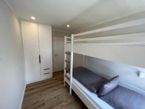 1 Schlafzimmer mit 2 Etagenbetten und einem Schrank in der Unterkunft Dünen Lodge 2 in Juist
