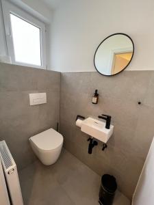 bagno con servizi igienici, lavandino e specchio di Dünen Lodge 2 a Juist