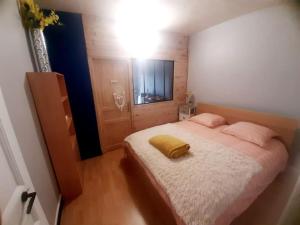 a bedroom with a bed with a yellow pillow on it at Maison de ville au centre de Fismes in Fismes +3 photos