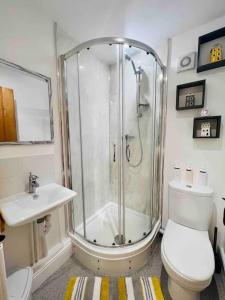a bathroom with a shower and a toilet and a sink at Little Knapp Cottage, East of Church Road, Chichester, West Sussex PO19 7YH in Chichester